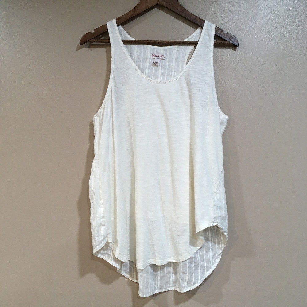 Merona Embroidered Slub Knit Tank Top Womens L Cream Boho Coastal Minimalist